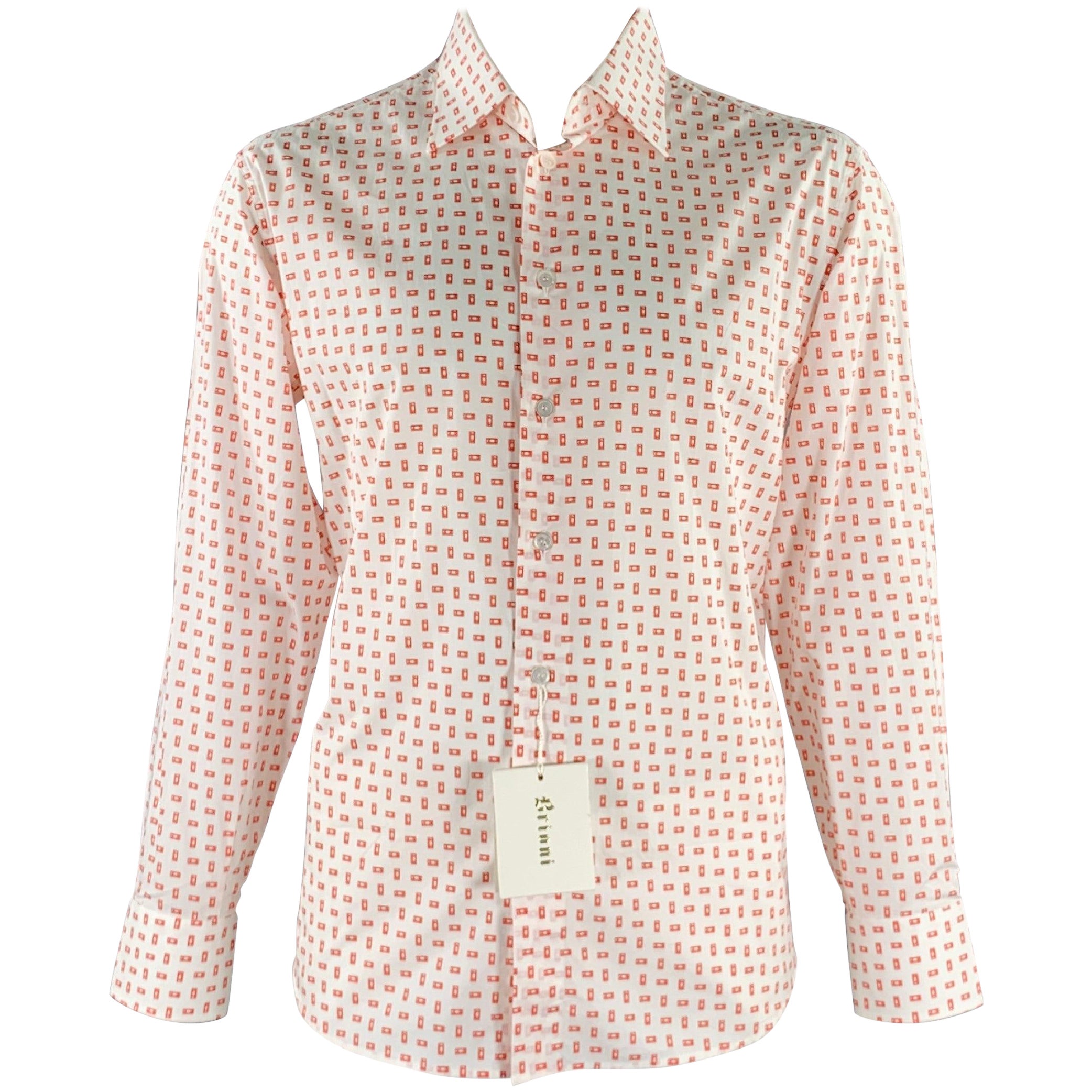 BRIONI Size XL White Red VHS Tape Cotton Long Sleeve Shirt For Sale