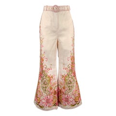 ZIMMERMANN Size S Pink Olive Linen Embroidered High Waisted Dress Pants