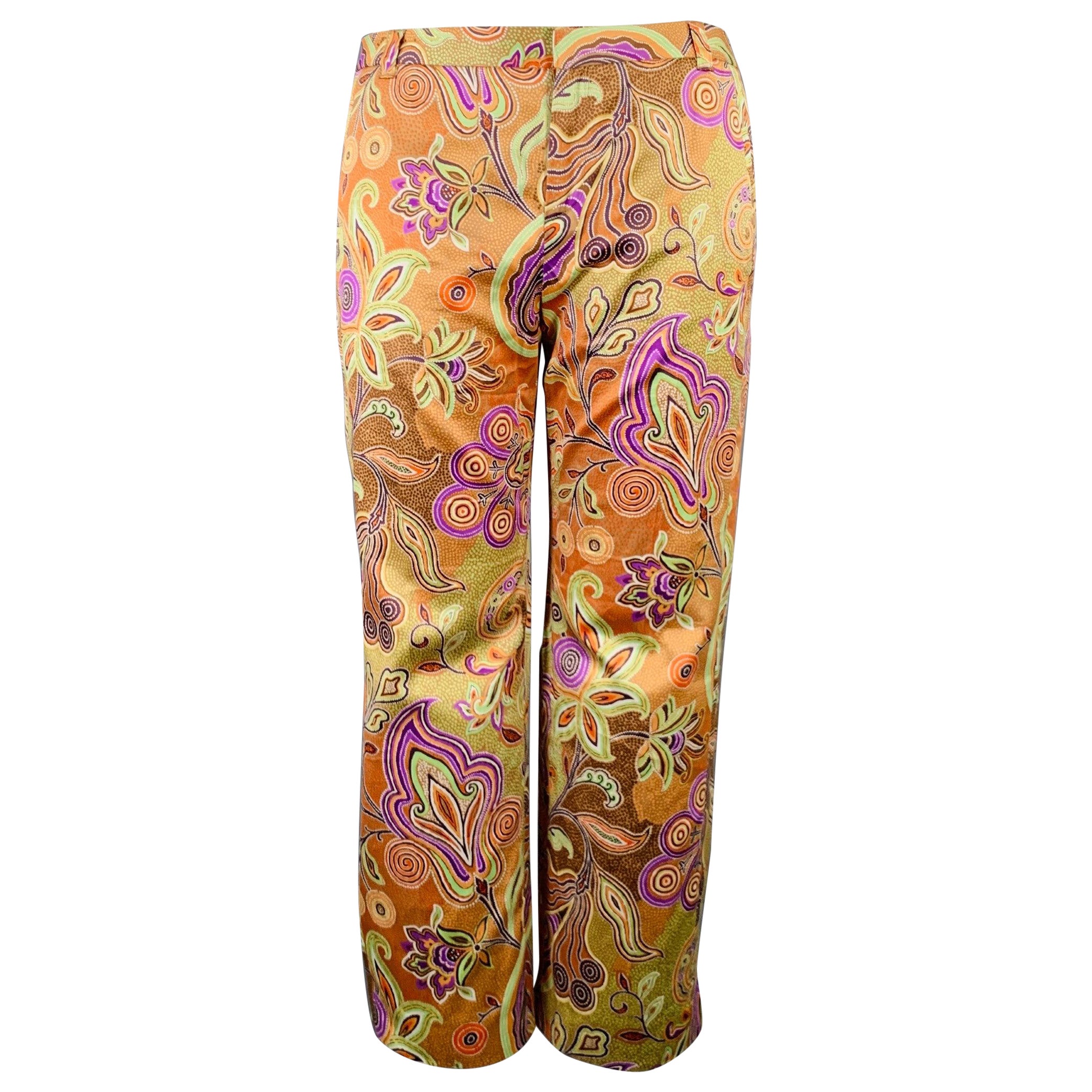 ETRO Size 14 Multi Color Cotton Paisley Flat Front Casual Pants