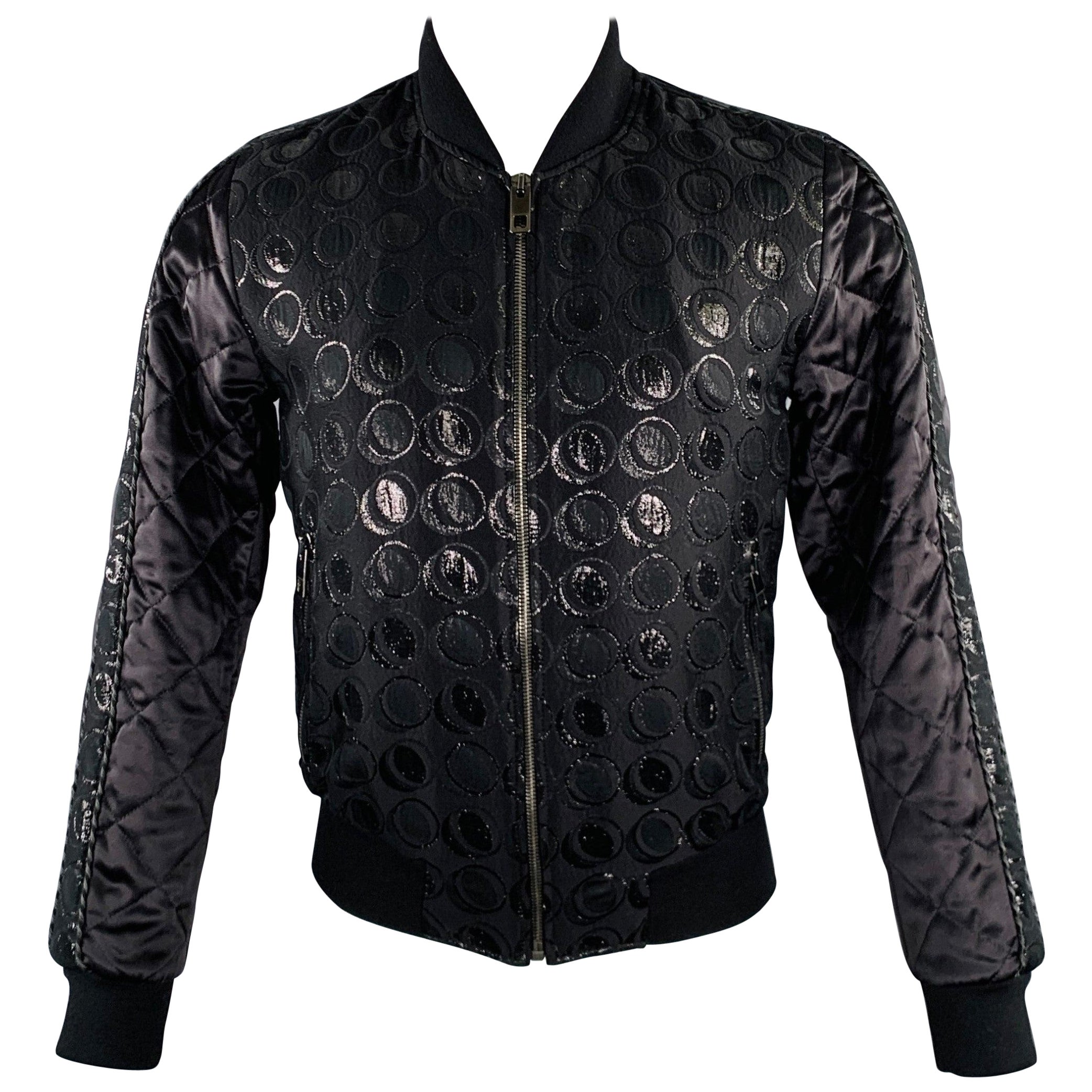 DOLCE & GABBANA Size 34 Black Silver Circles Cotton Blend Bomber Jacket For Sale