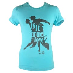 LOVE MOSCHINO Size L Grey Turquoise Graphic Cotton Blend T-shirt