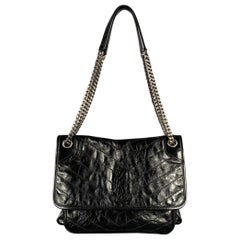SAINT LAURENT Black Silver Chevron Leather Shoulder Bag Handbag