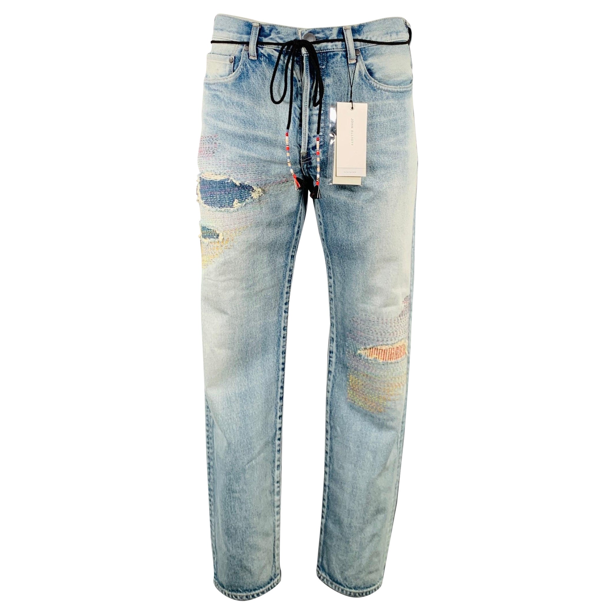 JOHN ELLIOTT Size 34 Daze Opal Sashiko- Blue Multi Color Embroidery Cotton Jeans For Sale