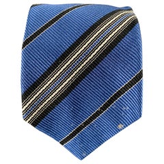 PRADA Blue Black White Diagonal Stripe Silk Tie