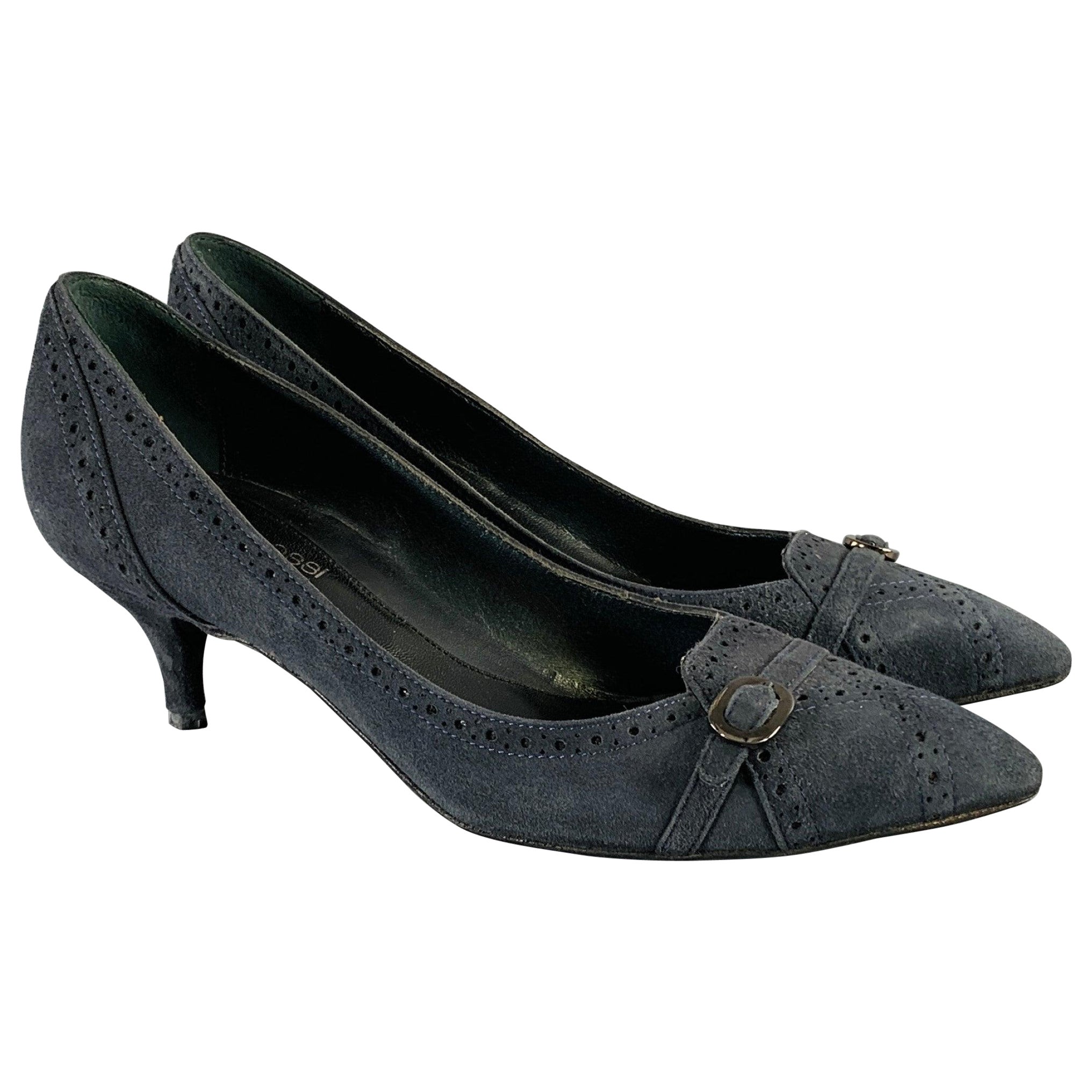 SERGIO ROSSI Size 6.5 Navy Suede Perforated Kitten Heel Pumps