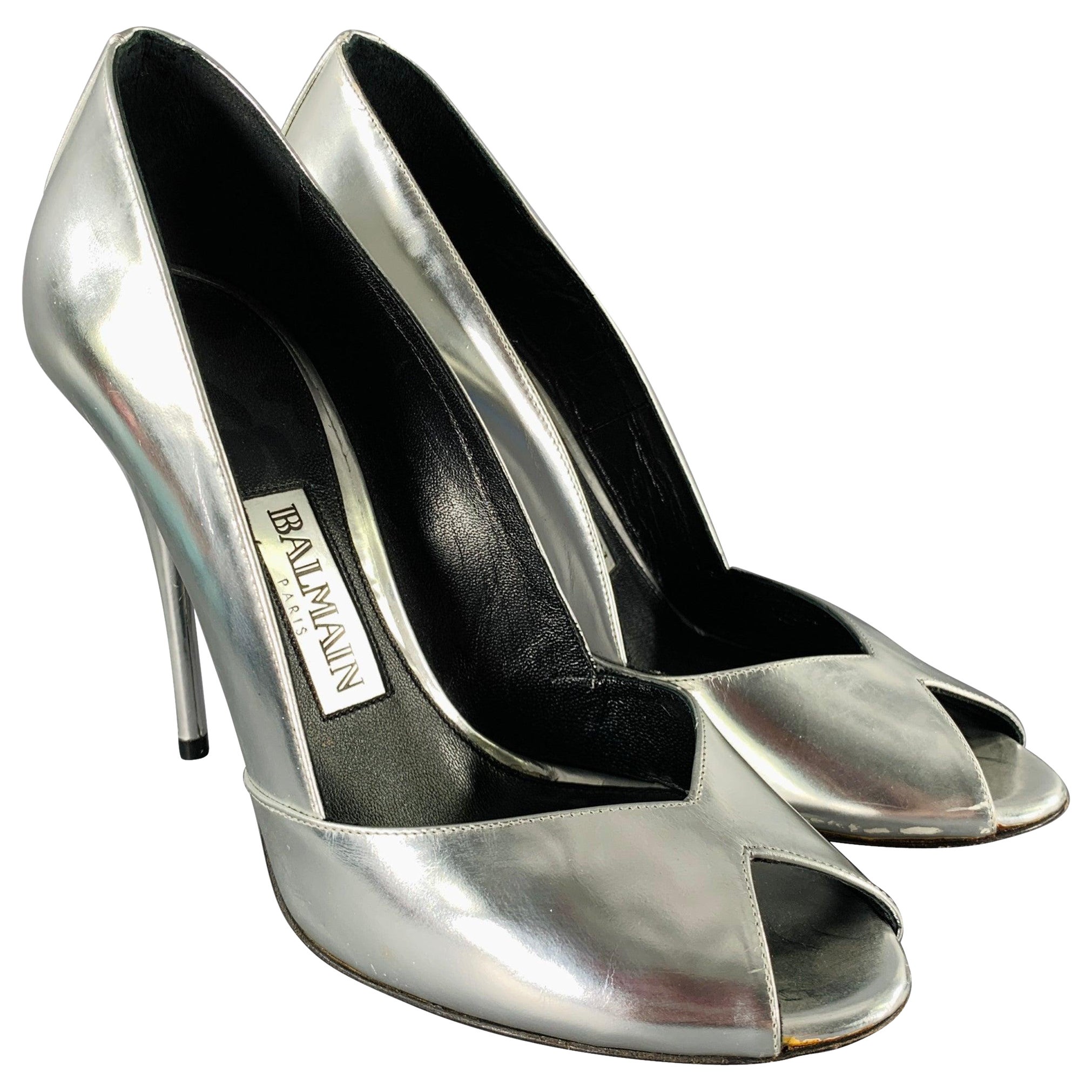 Balmain Taglia 6 Argento Patent Leather Peep Toe Heels Pumps