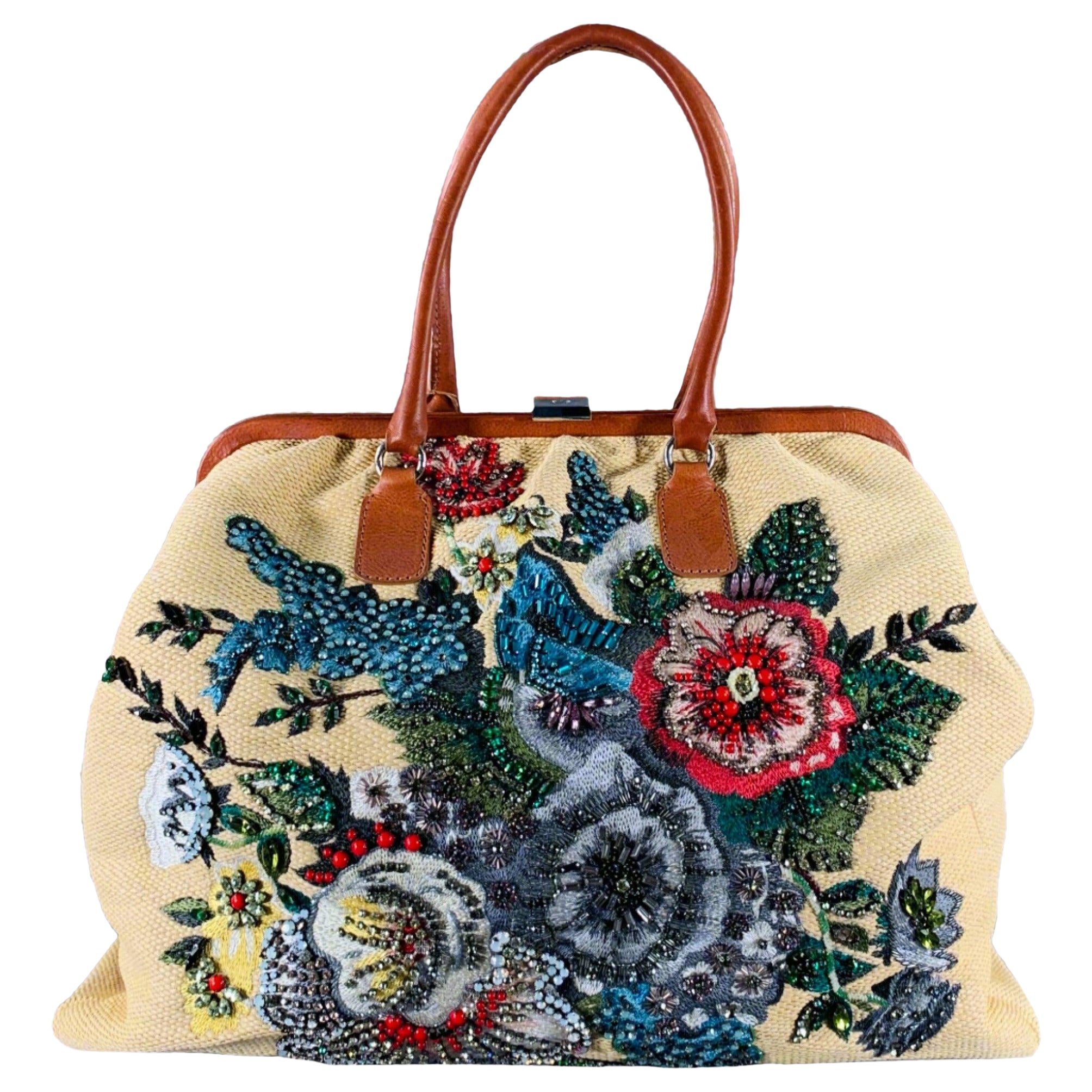 VALENTINO Beige Multi Color Woven Leather Beaded Raffia Handbag