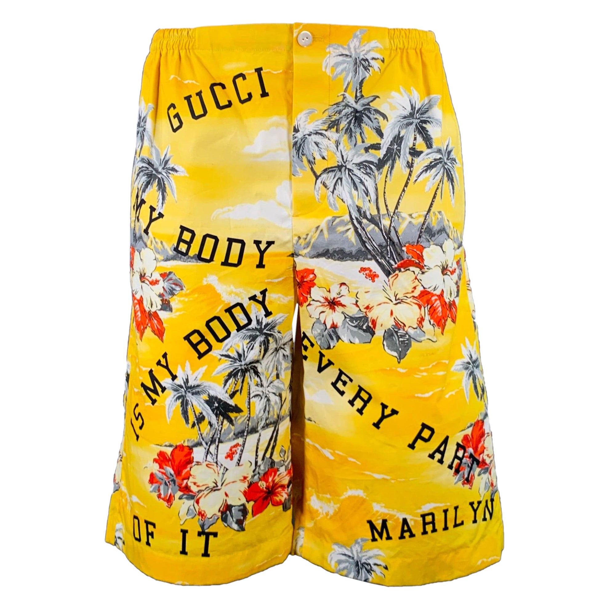 GUCCI Größe 30 Gelbe mehrfarbige Hawaiianische Bermudaschürtel aus Baumwolle