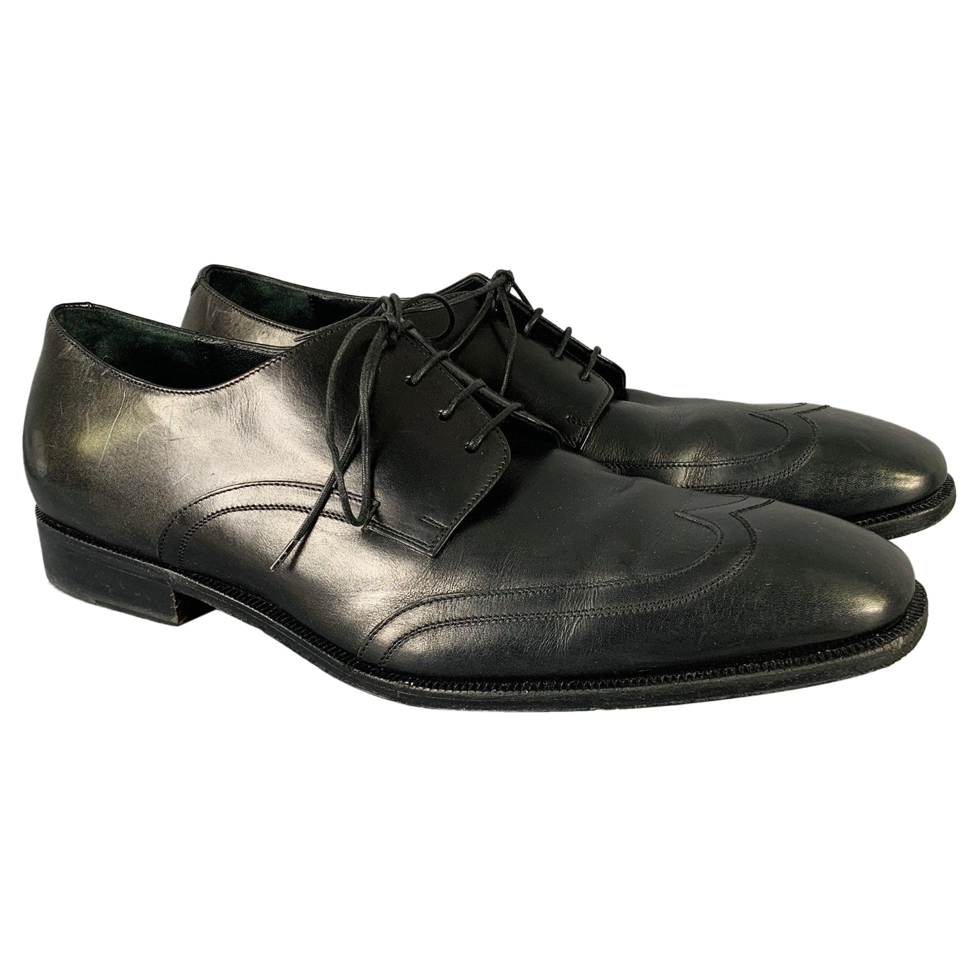 SALVATORE FERRAGAMO Größe 10 Schwarz Wingtip Leder Quadratische Zehe Schnürschuhe