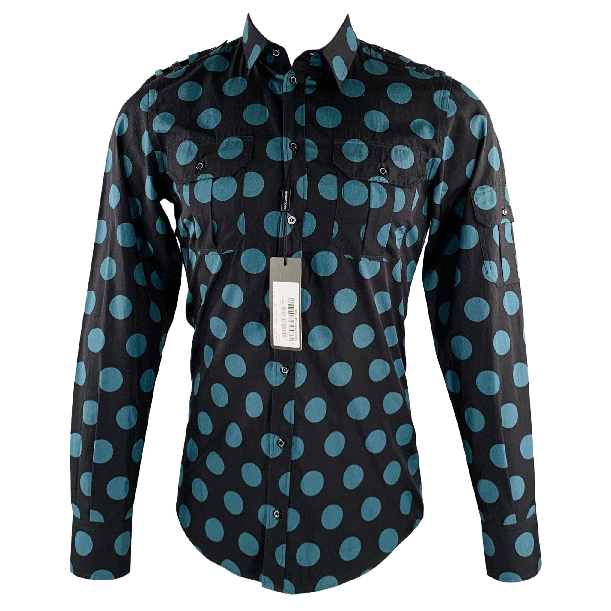 DOLCE & GABBANA Size 38 Black Blue Dots Cotton Epaulettes Long Sleeve Shirt For Sale