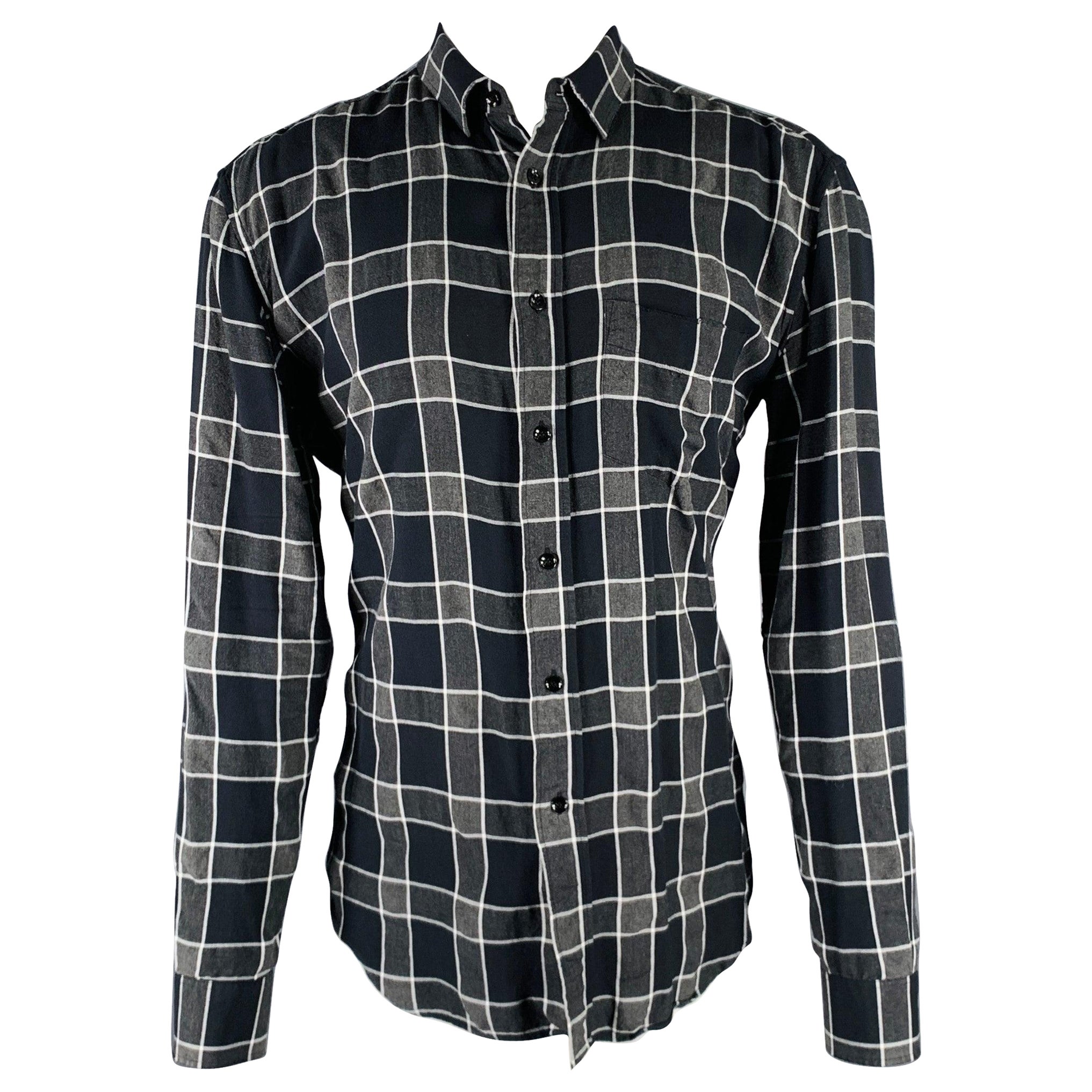 SAINT LAURENT Talla M Gris Negro Blanco Plaid Tencel Viscosa Camisa Manga Larga