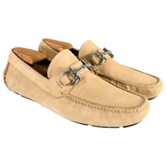 SALVATORE FERRAGAMO Size 8 Beige Silver Suede Drivers Loafers