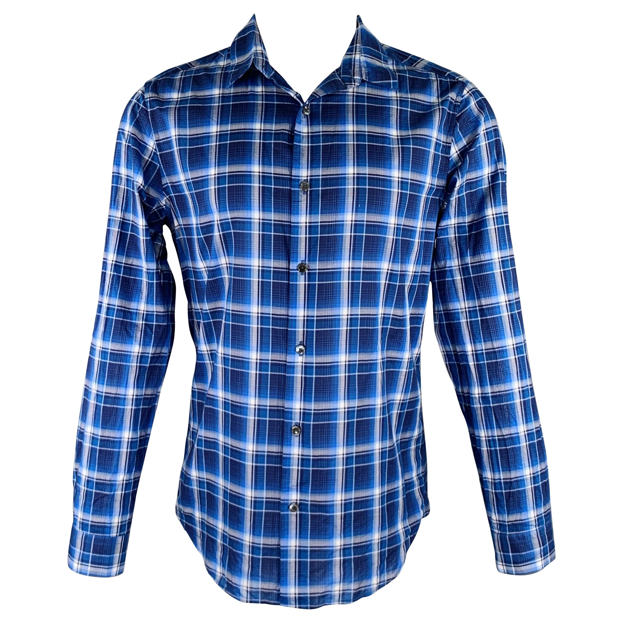 VINCE Size M Navy White Plaid Long Sleeve Shirt For Sale