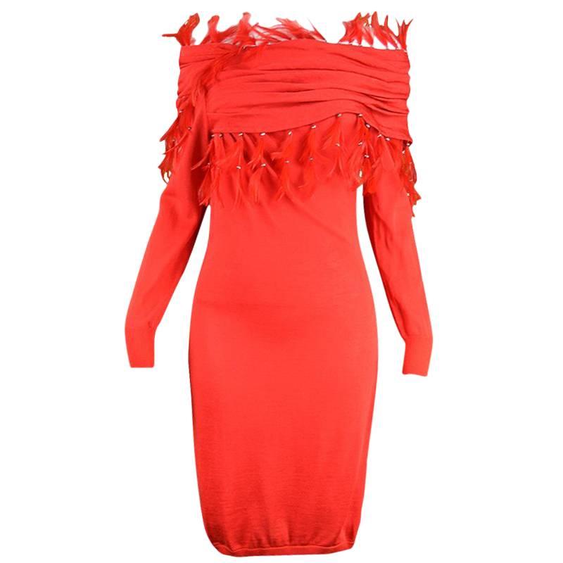 Gianni Versace Vintage Red Rayon Knit Off the Shoulder Feather Trim Dress, 1980s