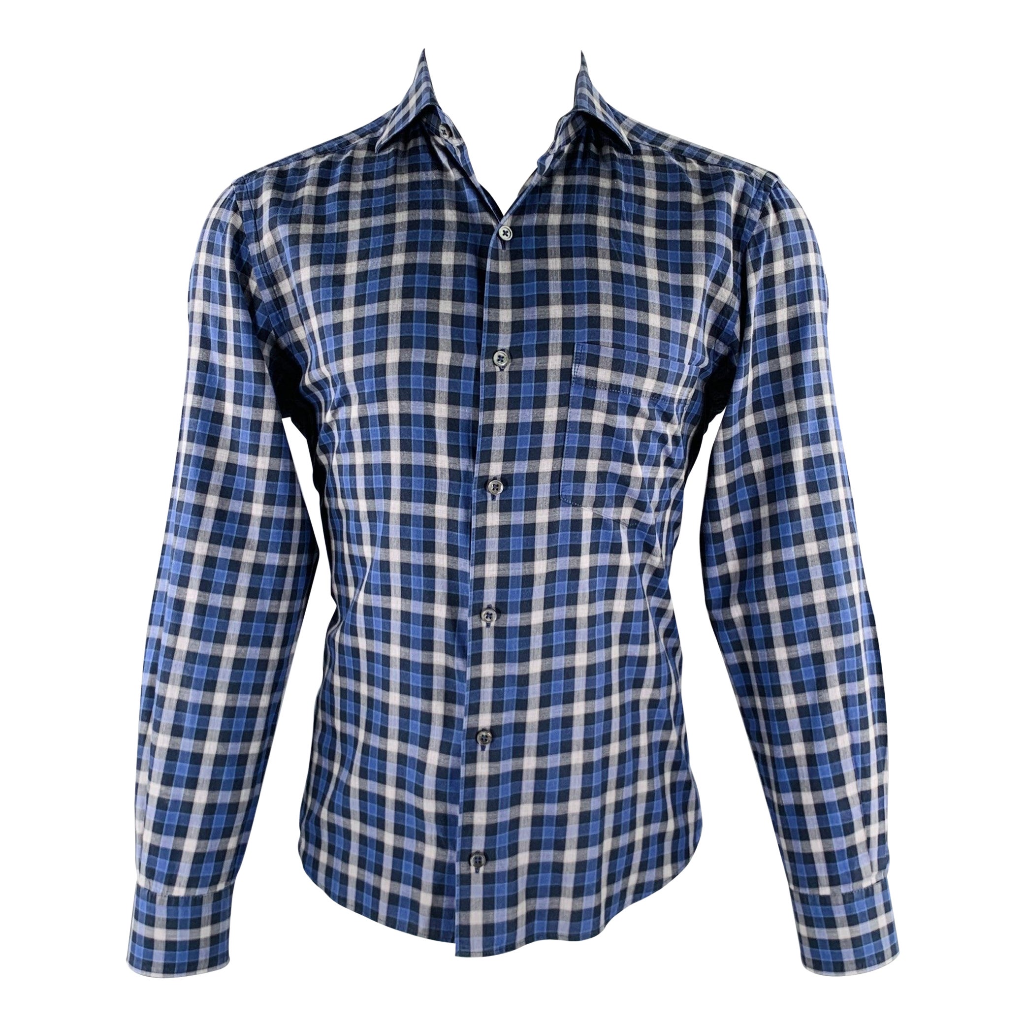 ERMENEGILDO ZEGNA Size M Blue Grey Checkered Long Sleeve Shirt For Sale