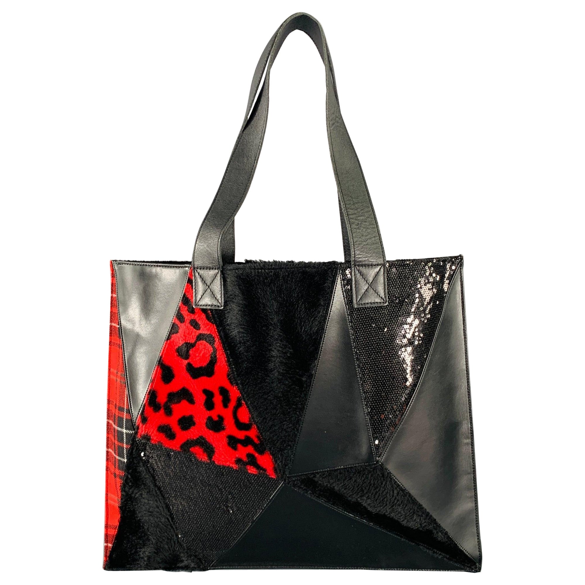 JUNYA WATANABE Black Red Mixed Materials Faux Fur Tote Handbag For Sale