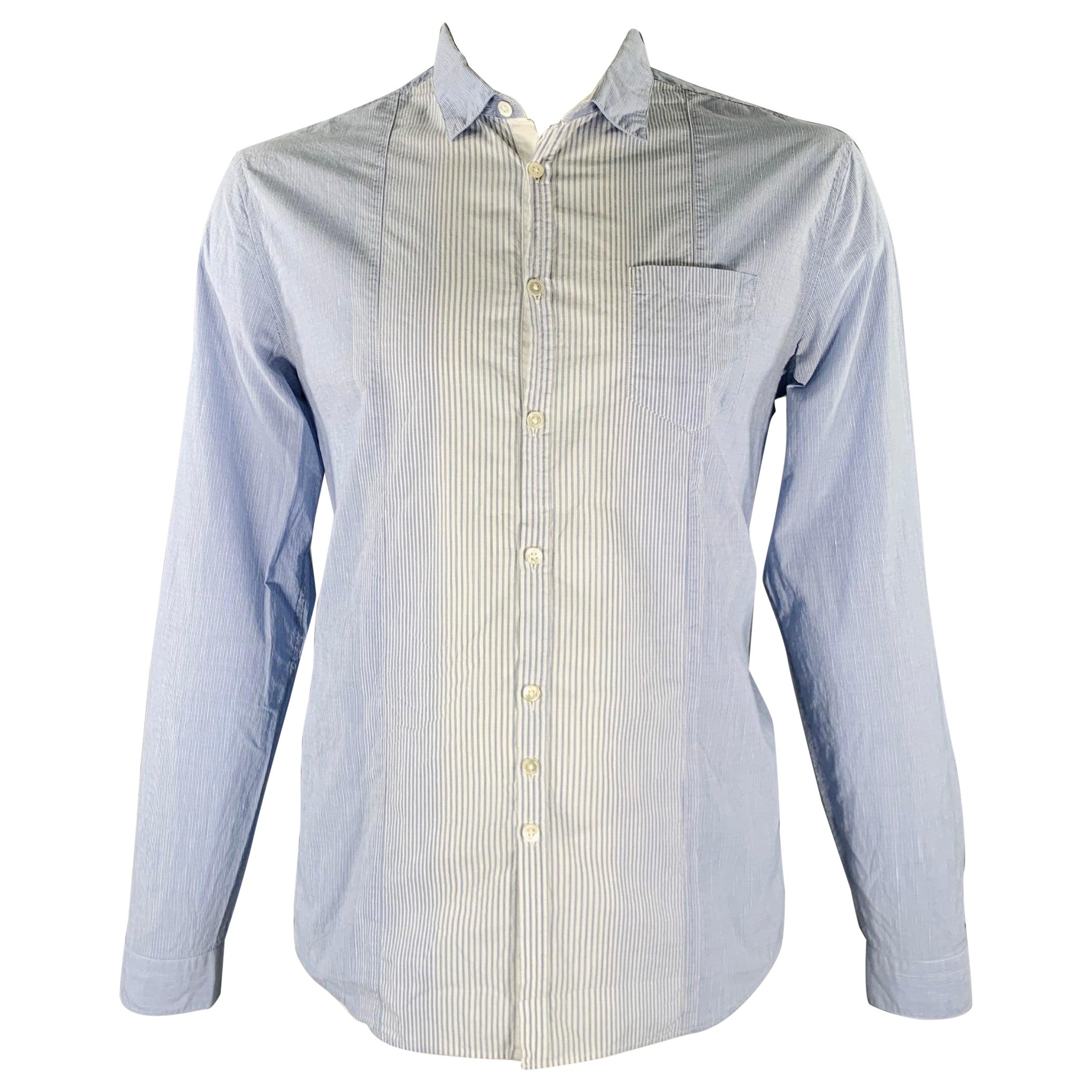 JOHN VARVATOS Size L Light Blue White Stripe Cotton Linen Long Sleeve Shirt For Sale
