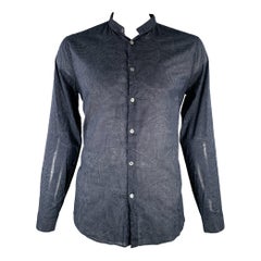 JOHN VARVATOS, chemise à manches longues sans col en coton gris marine et gris croisé, taille L