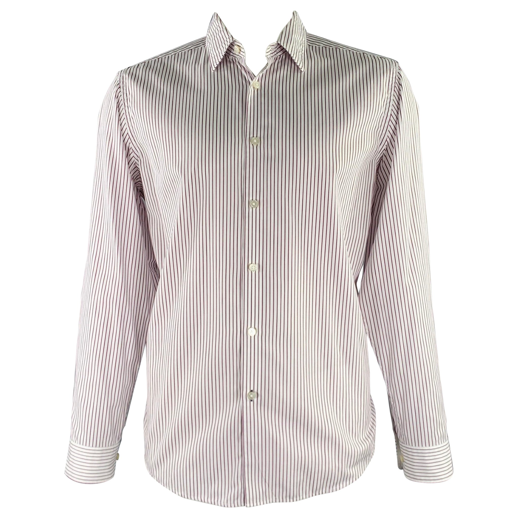 HUGO BOSS Size XL White Purple Stripe Cotton Long Sleeve Shirt For Sale