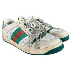 GUCCI Size 9 -Screener- Off White Distressed Leather Lace-Up Sneakers