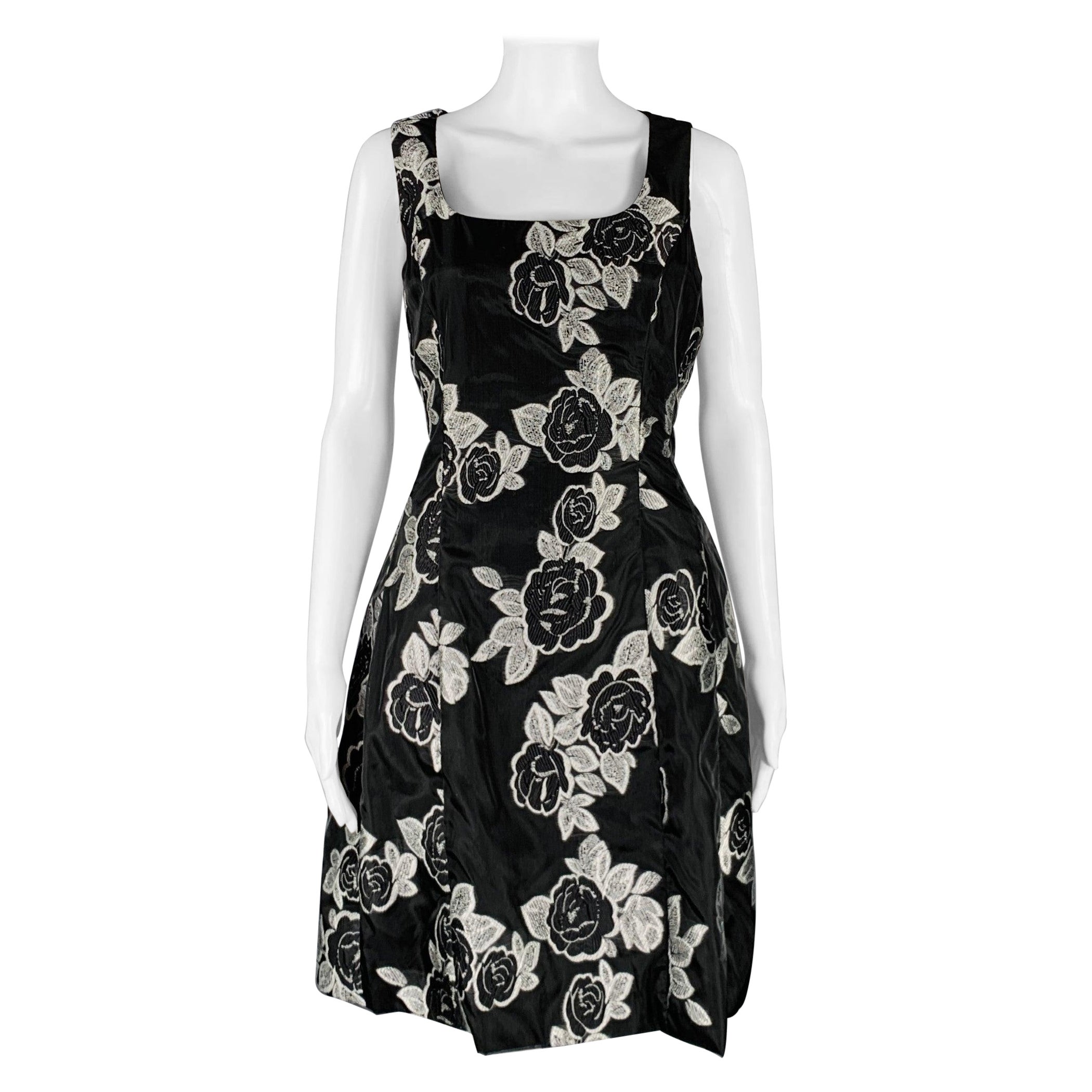 PRABAL GURUNG Size 10 Black Silver Polyester Floral A-Line Cocktail Dress For Sale