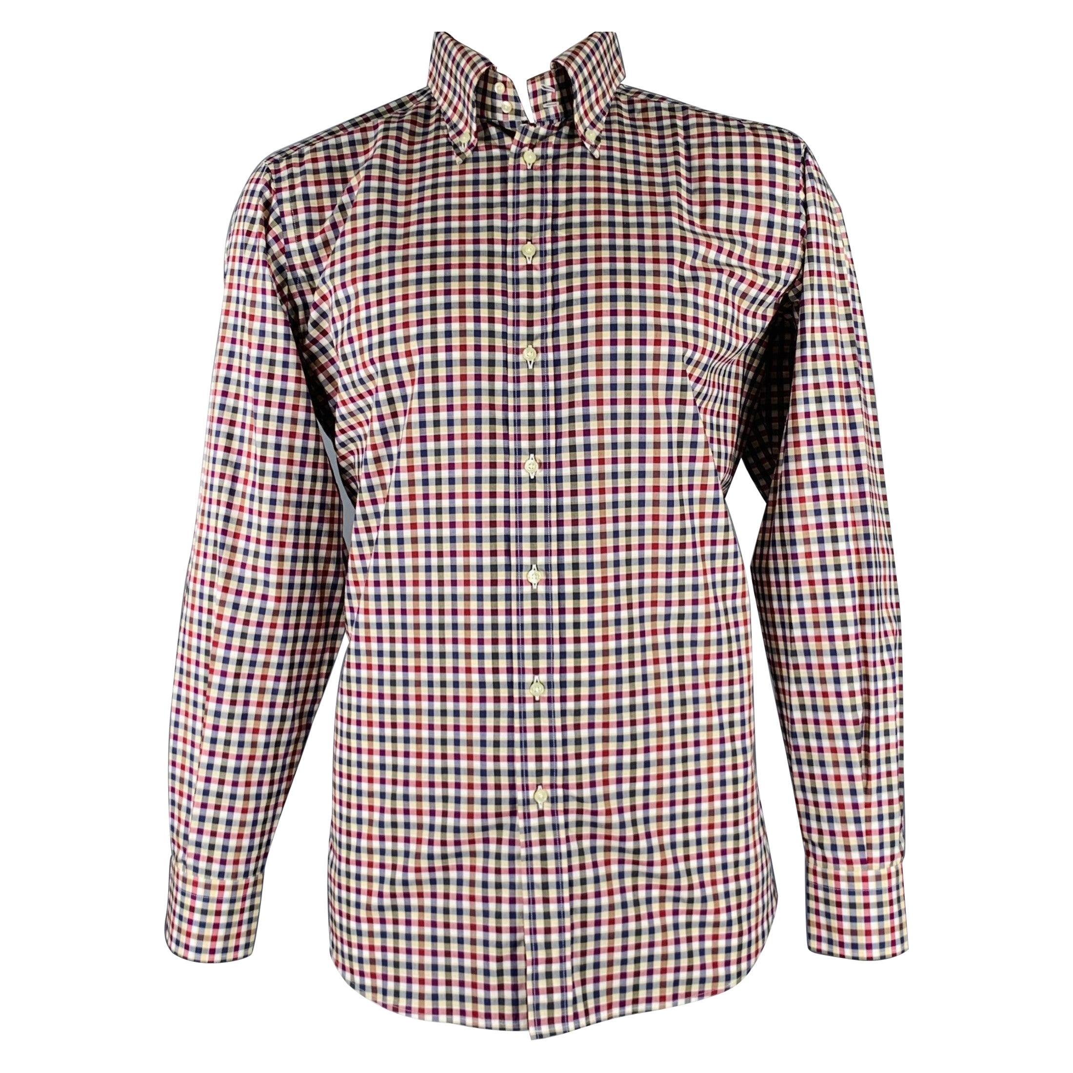 ETRO Size L Navy Burgundy Checkered Cotton Button Up Long Sleeve Shirt For Sale