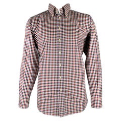 ETRO Size L Navy Burgundy Checkered Cotton Button Up Long Sleeve Shirt