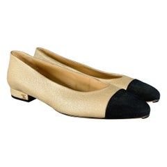 CHANEL Size 8 Gold Black Leather Cap Toe Flats