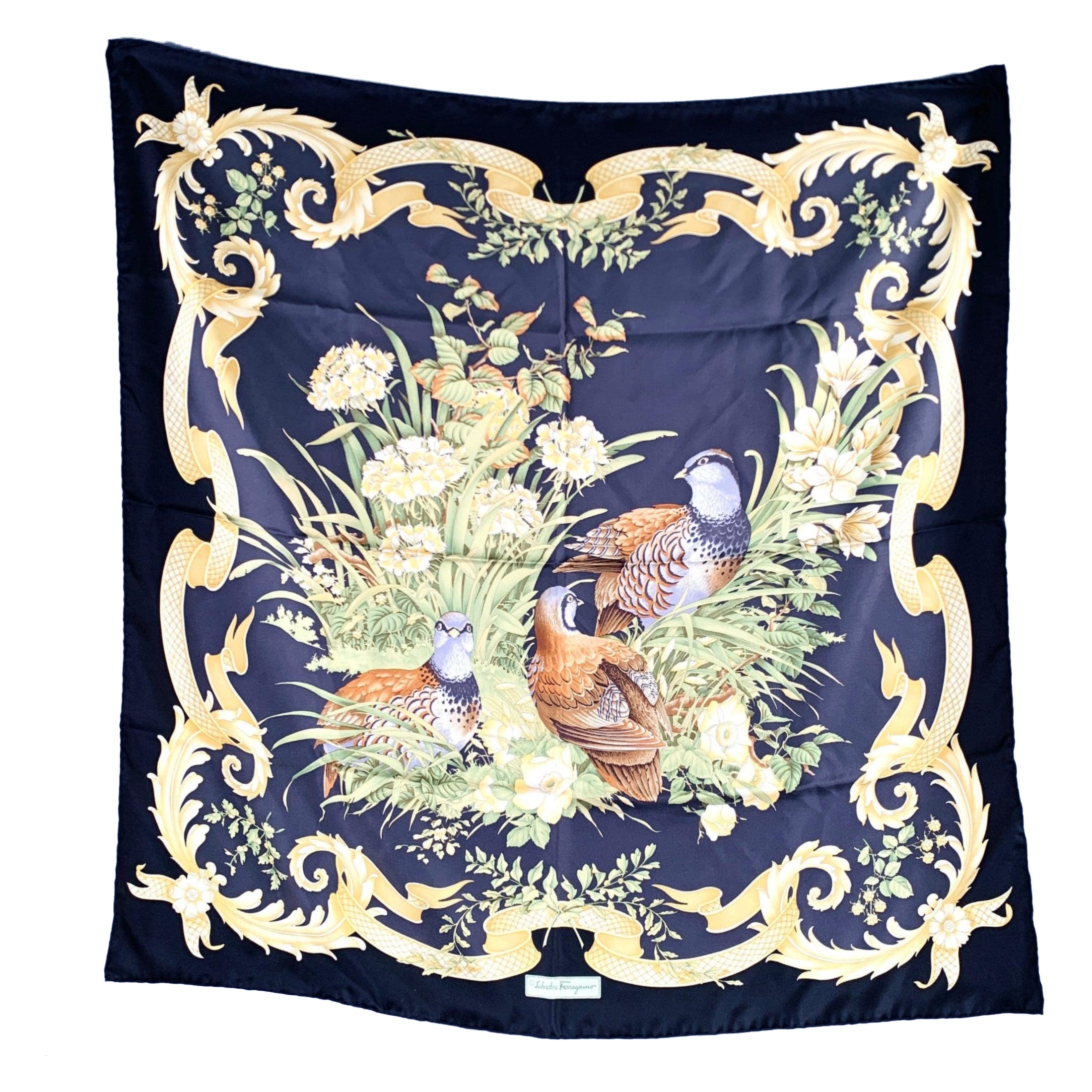 SALVATORE FERRAGAMO Black Yellow Green Birds Silk Scarf For Sale
