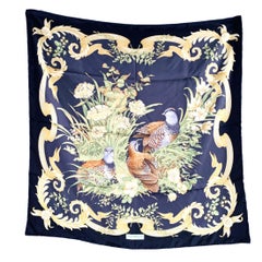 SALVATORE FERRAGAMO Black Yellow Green Birds Silk Scarf
