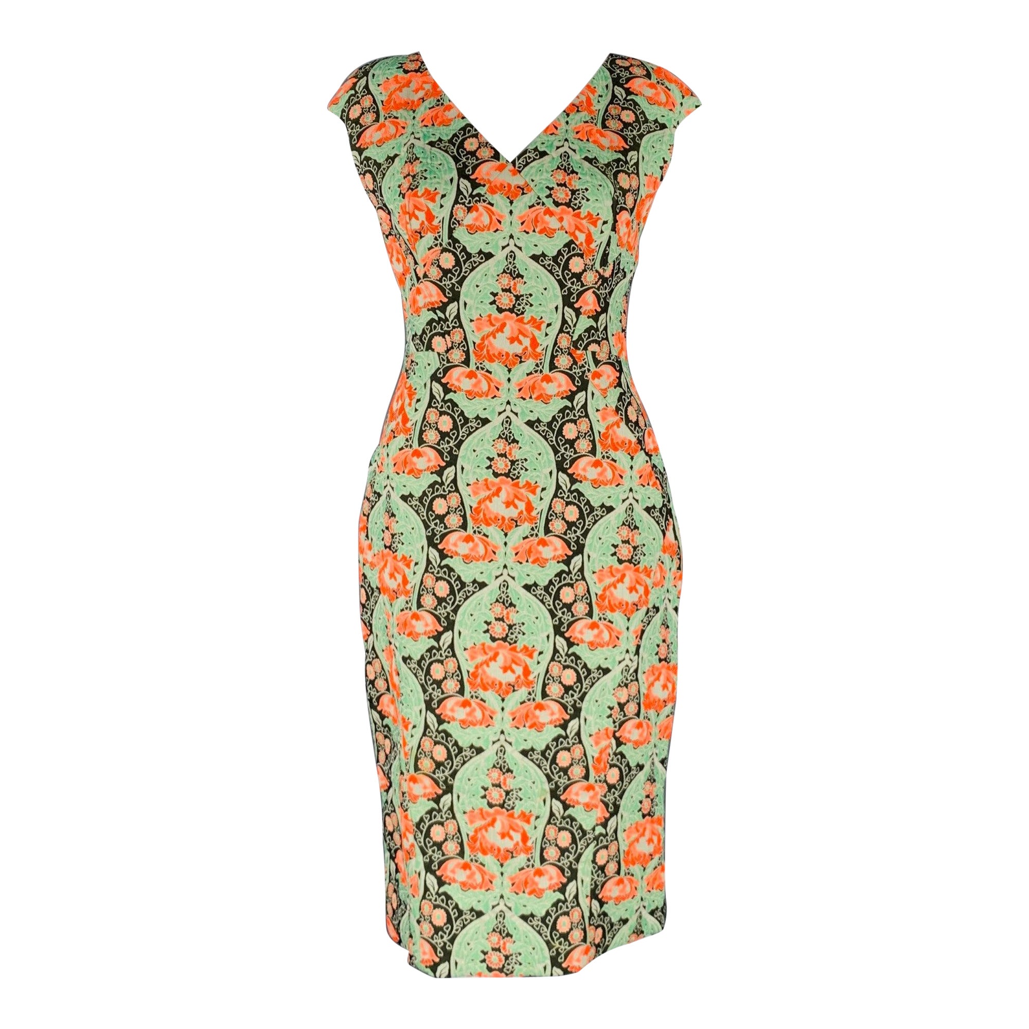 ZAC POSEN Size 8 Green Multi Color Cotton Blend Tapestry Sleeveless Dress For Sale