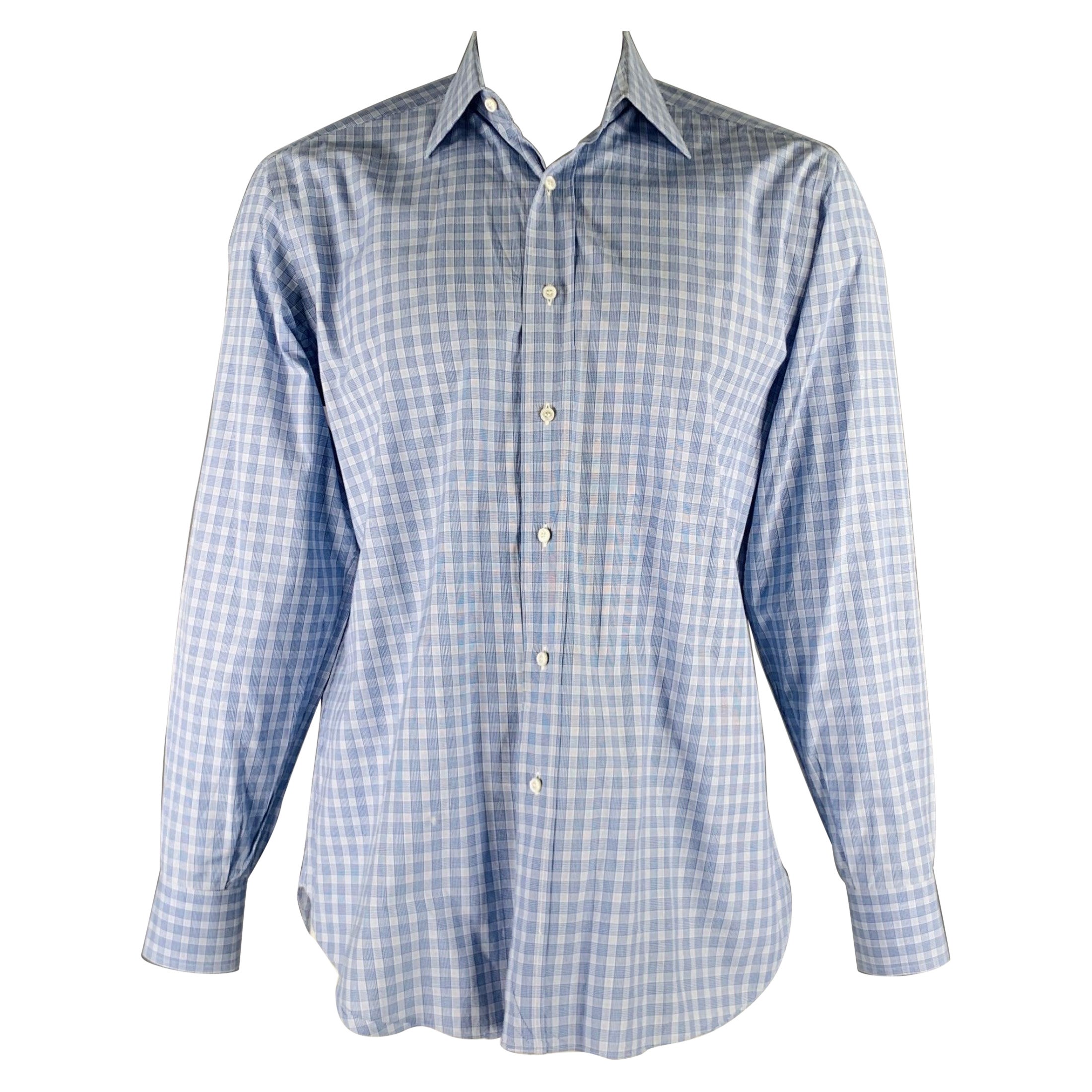 BRIONI Size L Blue Light Blue Plaid Cotton Button Up Long Sleeve Shirt For Sale