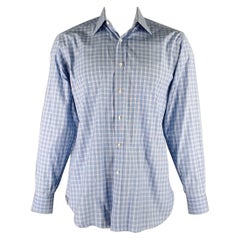 BRIONI Taglia L Camicia a maniche lunghe in cotone a quadri blu chiaro