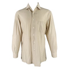 BRIONI Taglia M Taupe White Stripe Cotton Button Up Camicia a maniche lunghe