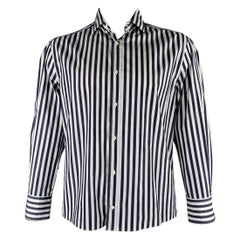 BRUNELLO CUCINELLI Size XXXL Navy White Stripe Cotton Long Sleeve Shirt