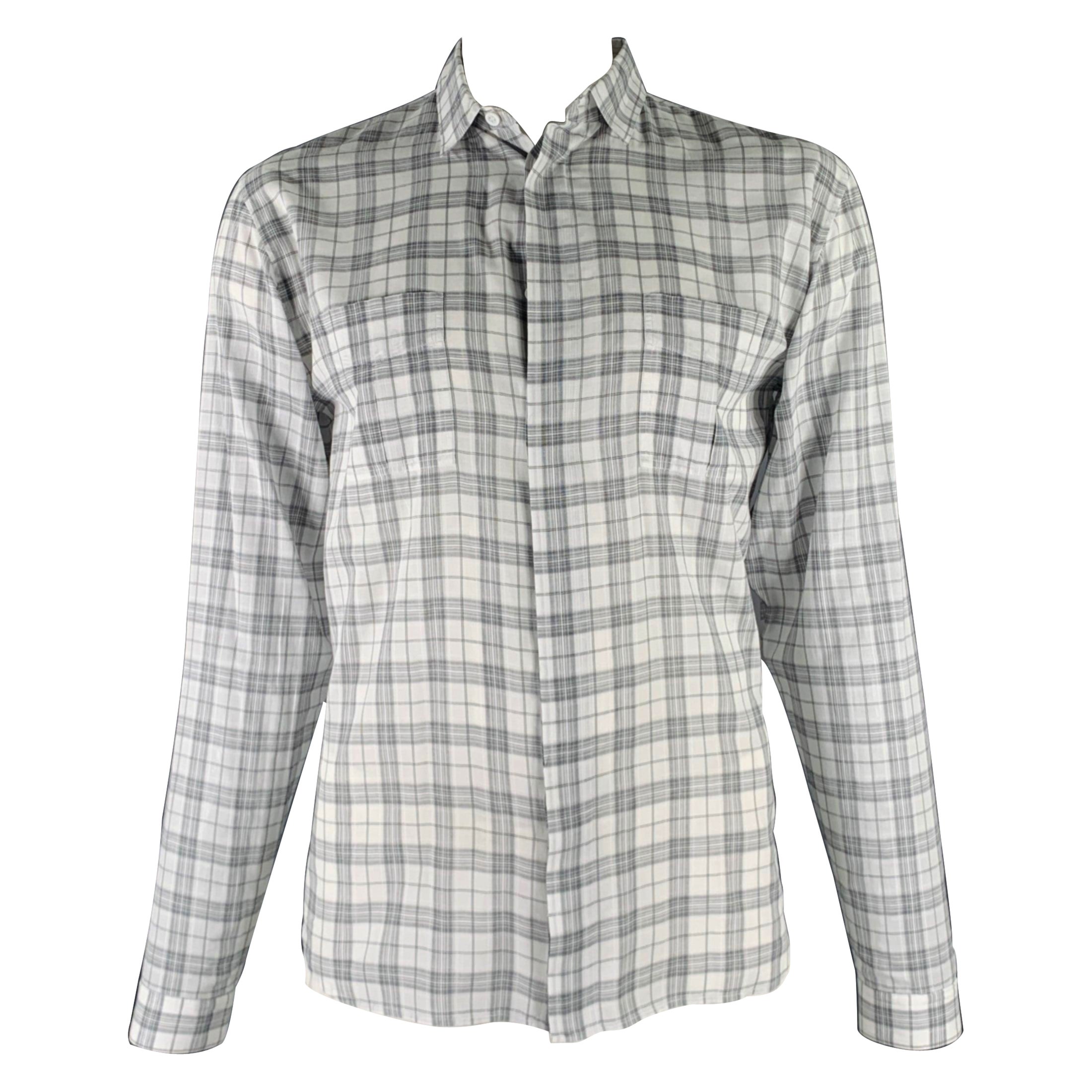 DIOR HOMME Size L White Grey Plaid Cotton Button Up Long Sleeve Shirt For Sale