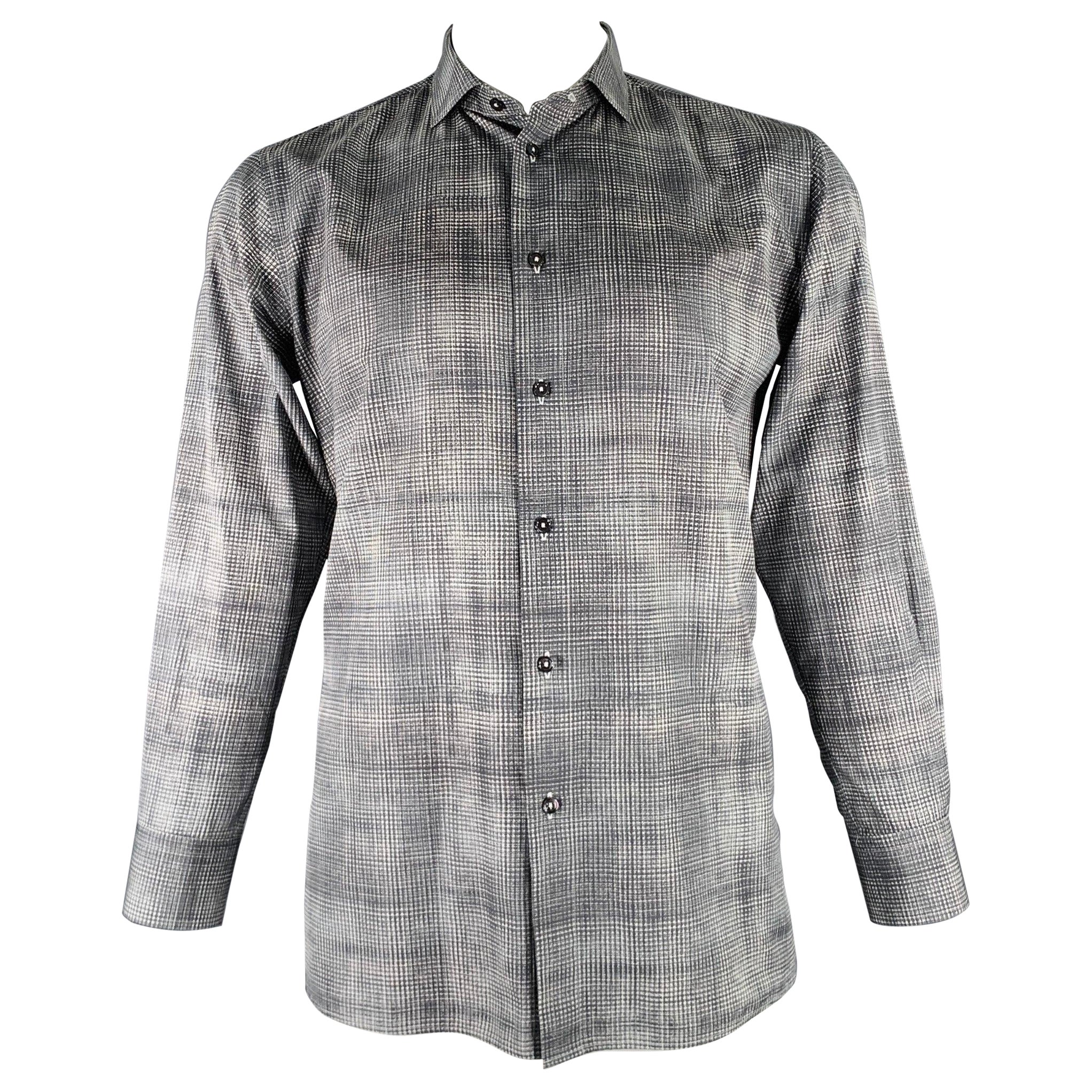 BOTTEGA VENETA Size L Grey White Plaid Cotton Button Up Long Sleeve ...