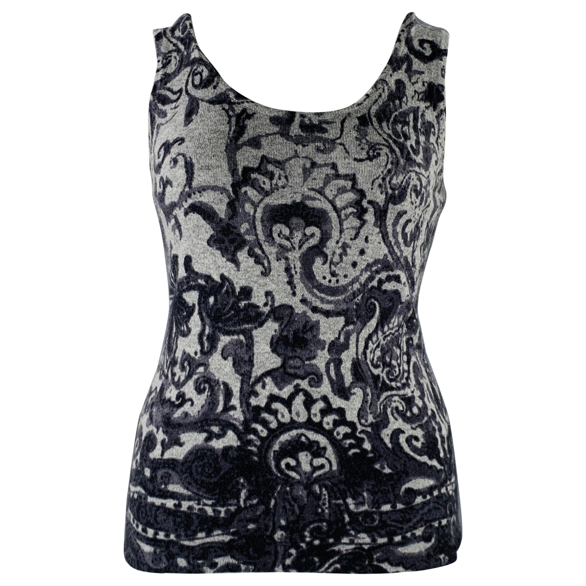NEIMAN MARCUS Size L Grey Charcoal Cashmere Paisley Tank Casual Top For Sale