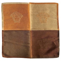 GIANNI VERSACE Brown Taupe Medusa Heads Silk Pocket Square