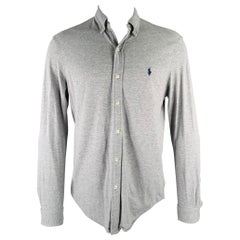 RALPH LAUREN Talla M Camisa de punto gris de algodón con botones y manga larga