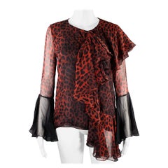 TOM FORD Größe 4 Schwarz Burgund Seide Animal Print Ruffle Bluse