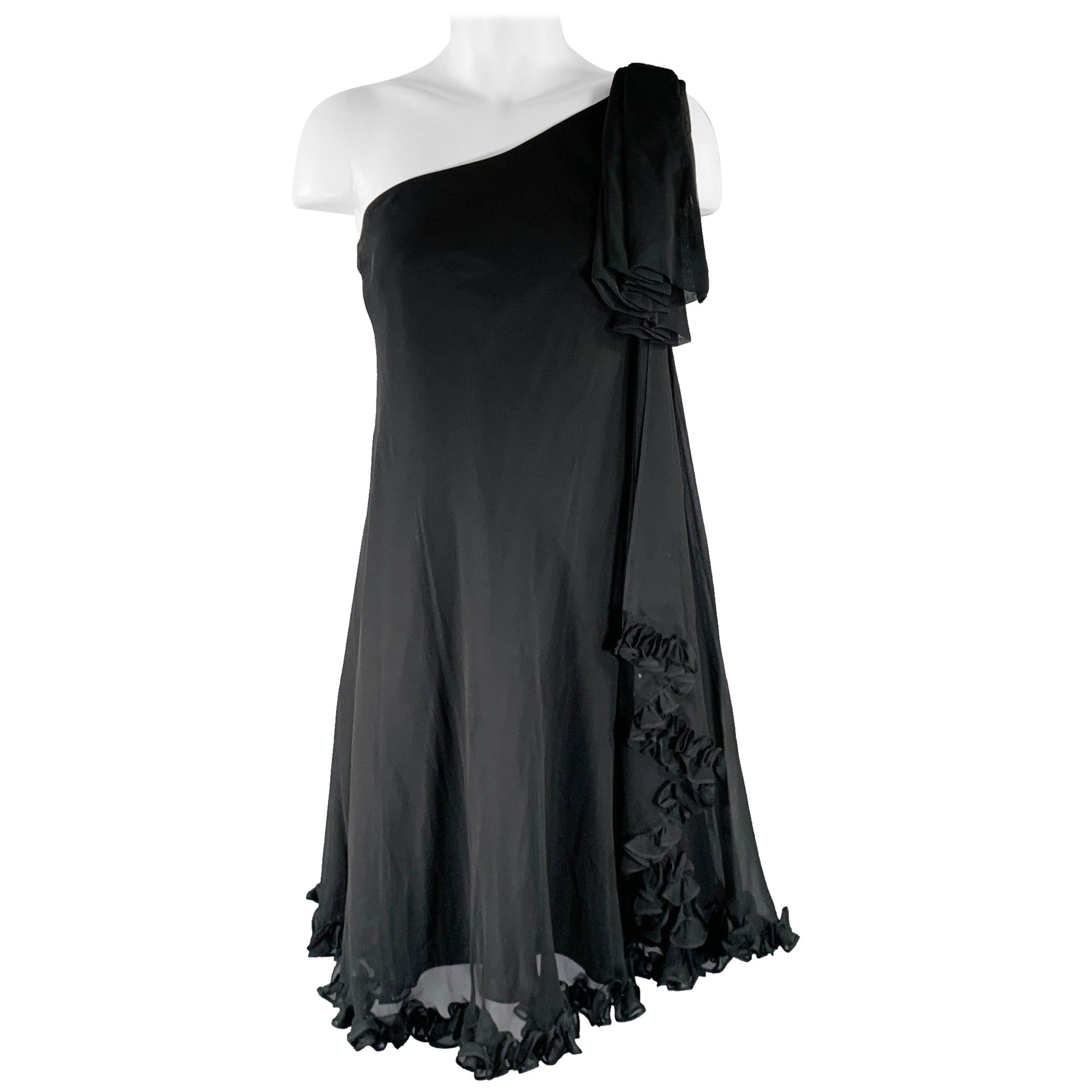 MARCHESA NOTTE Size 4 Black Silk Ruffled One Shoulder Cocktail Dress For Sale