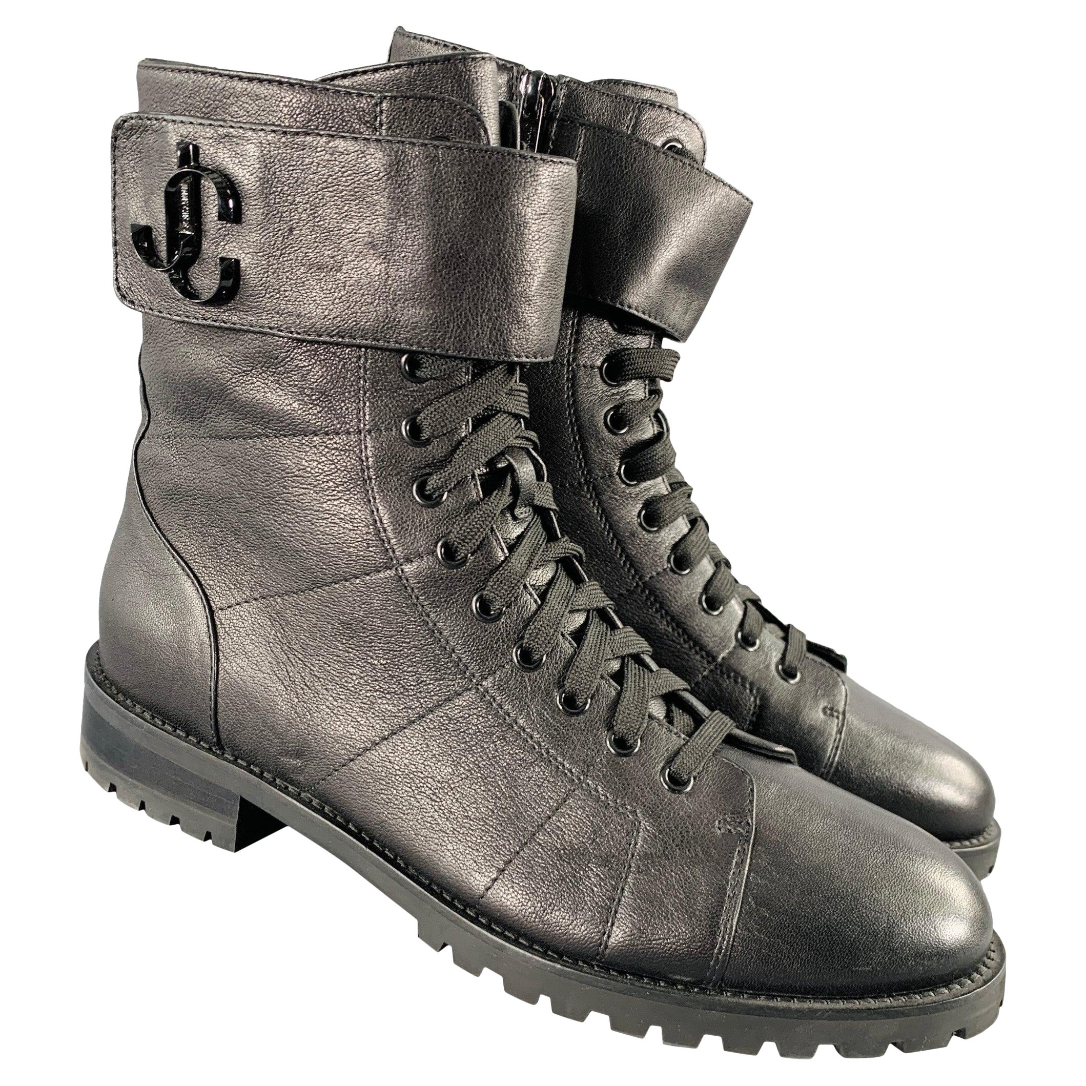 JIMMY CHOO Size 10 Black Leather Zip Lace-Up Boots For Sale