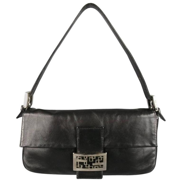 FENDI Black Leather Silver Enamel Buckle Handbag For Sale at 1stdibs