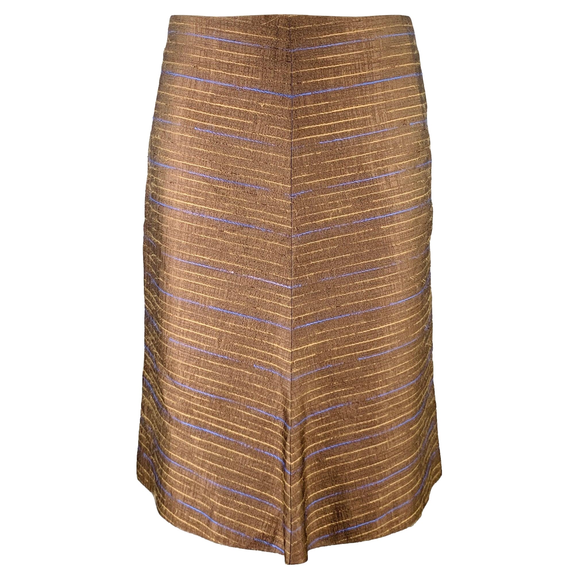 MARNI Size S Brown Blue Tan Silk Stripe A-Line Skirt