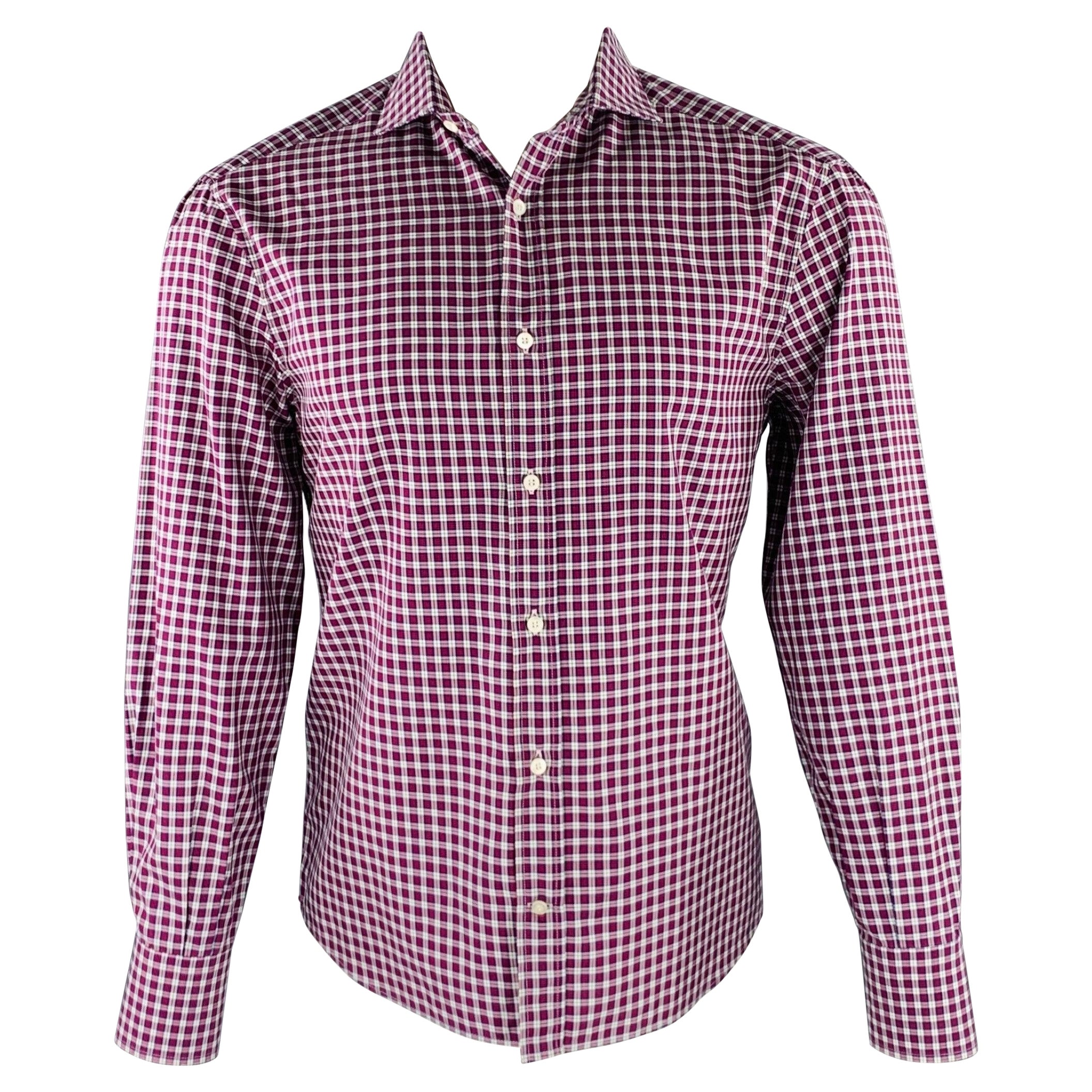 BRUNELLO CUCINELLI Size M Red White Plaid Cotton Long Sleeve Shirt For Sale
