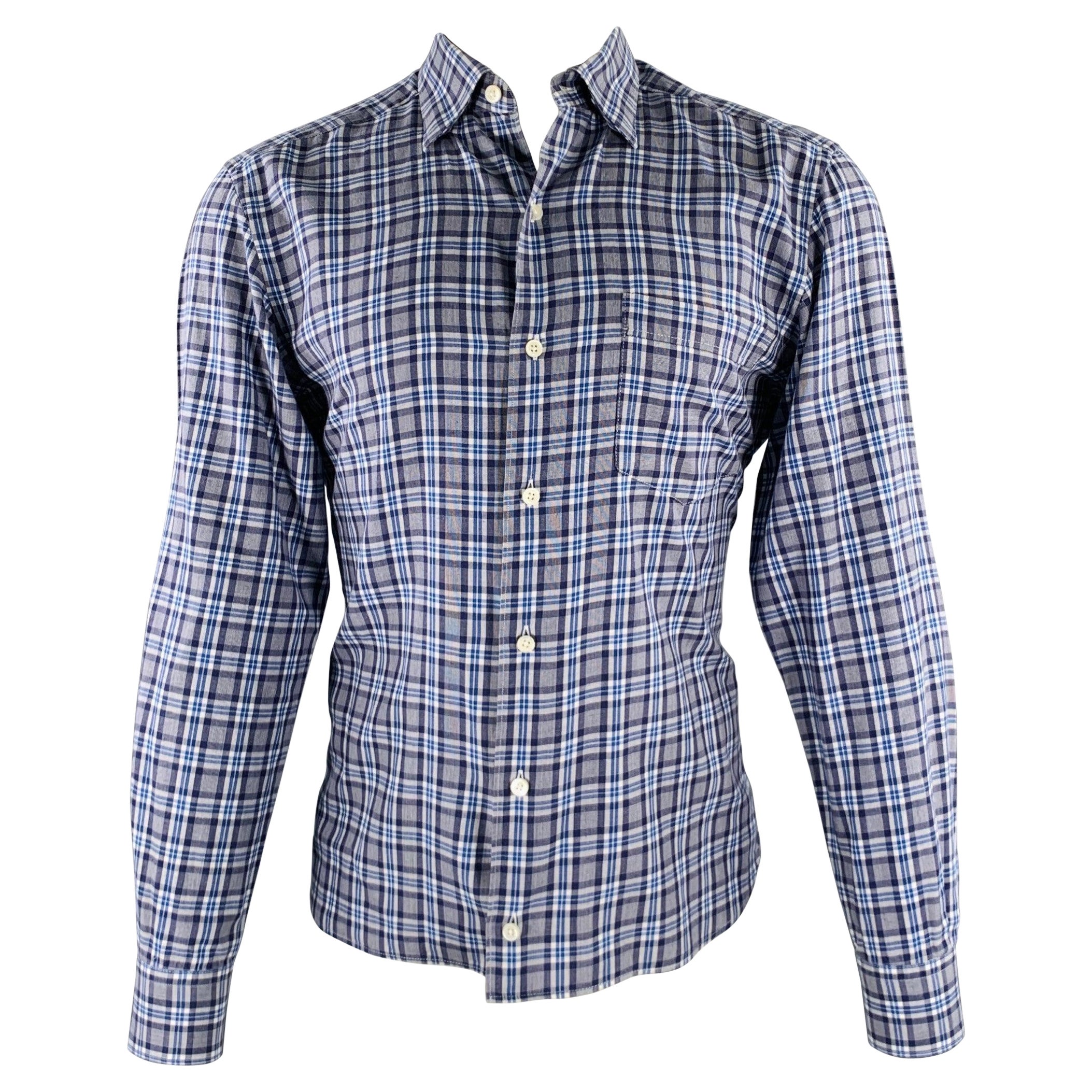 Ermenegildo Zegna Taglia M Grigio Blu Plaid Monotasche Camicia a Manica Lunga