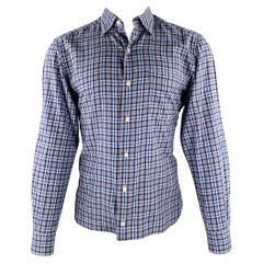 ERMENEGILDO ZEGNA Size M Grey Blue Plaid One Pocket Long Sleeve Shirt