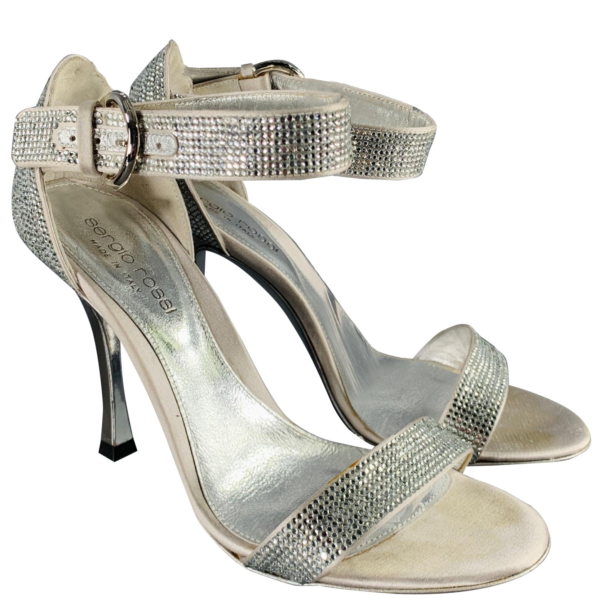 SERGIO ROSSI Size 5.5 Silver Grey Silk Ankle Strap Sandals