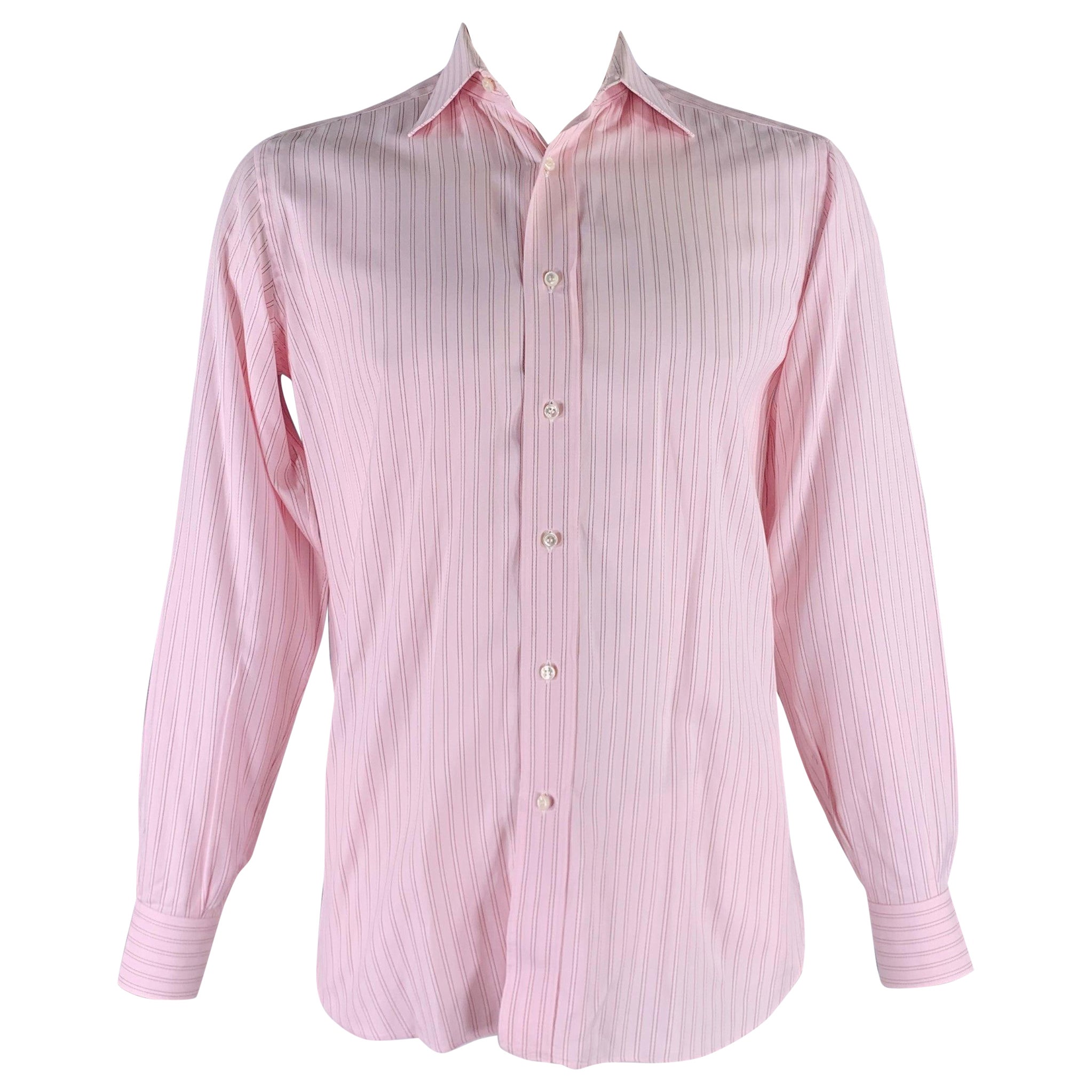 BRIONI Size L Pink Stripe Cotton Button Up Long Sleeve Shirt For Sale